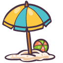 Cute Beach Umbrella with Ball and Sand Bucket with Shovel cursor