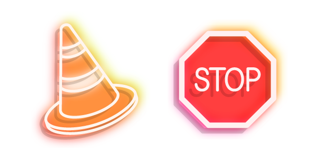 Neon Road Sign Stop and Traffic Cone