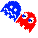 Pixel Pac-Man with Blue Ghost and Blinky pointer
