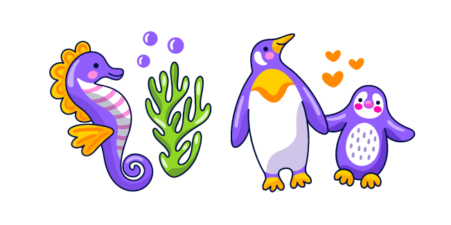 VSCO Girl Purple Seahorse and Penguins